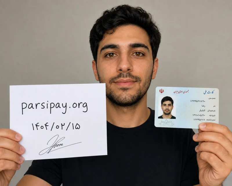 نمونه‌ی تصویر احراز هویت: فردی رو به دوربین که در یک دست برگه‌ی دست‌نویس با آدرس سایت، تاریخ و امضا و در دست دیگر کارت ملی خود را کنار چهره‌اش گرفته است. هر سه کاملاً واضح و داخل کادر هستند.